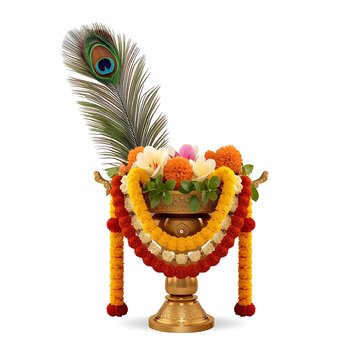Traditional brass pot urn filled with colorful marigold flowers and adorned with a peacock feather and floral garlands marigold arrangement traditional festival celebration hinduism