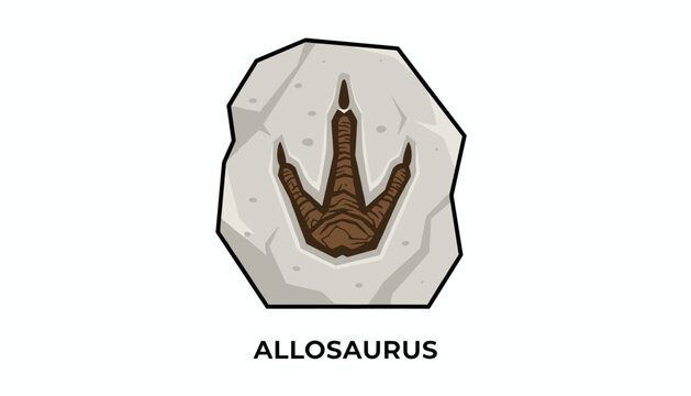 Allosaurus dinosaur footprint fossil detailed in a stone rock slab with text label isolated on a white background.