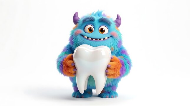 Cute blue furry monster character holding a giant white tooth representing dental care, oral hygiene, and healthy teeth for dentistry promotion