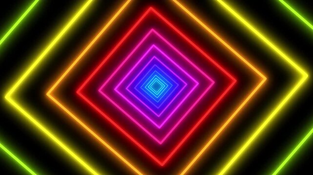 Abstract vibrant neon glowing diamond tunnel background, modern geometric shape pattern with colorful light effects creating a mesmerizing visual illusion