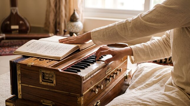 Side view close-up of a musician playing a wooden Indian harmonium with an open songbook under warm window light in a serene room setting