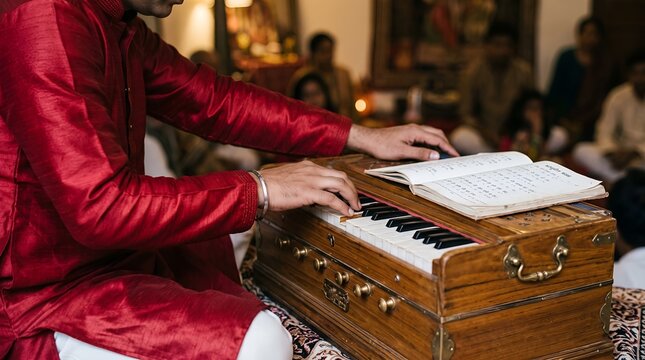 Side view medium shot of an Indian musician in a vibrant red silk kurta playing a wooden harmonium during a spiritual kirtan gathering with people sitting in the background