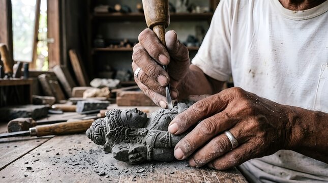 Extreme close-up shot of an artisan's weathered hands carving a small traditional stone idol statue with a hand chisel tool on a wooden workbench in a craft workshop