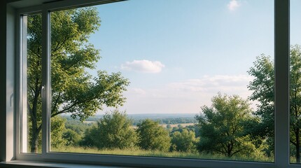 Fototapeta premium Peaceful view through large glass window. Green trees, bushes grow in summer garden under clear blue sky. Bright daylight shines on nature landscape from inside home. Calm residential scenery with