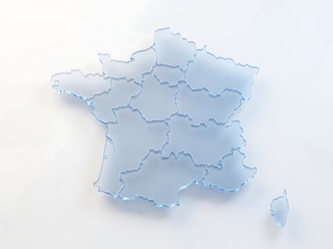 3D Glassmorphism Map of France with Administrative Regions on Light Background