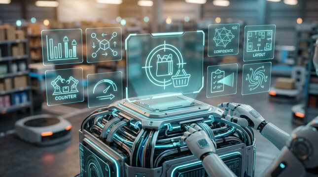 High-tech robotic order fulfillment mainframe in a smart warehouse with complex holographic digital interfaces and white robotic arms managing logistics data