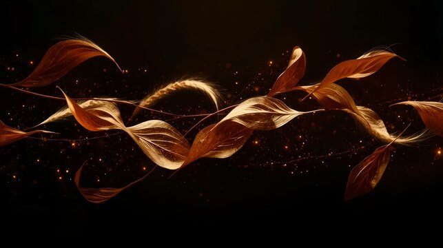 Golden leaves swirl gracefully against a dark background