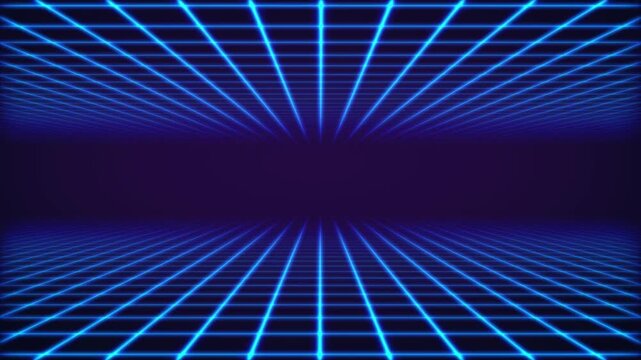 Neon Blue Perspective Grid Lines Abstract Background Featuring A Retro Futuristic Digital Space Tunnel Concept With Symmetric Glowing Mesh