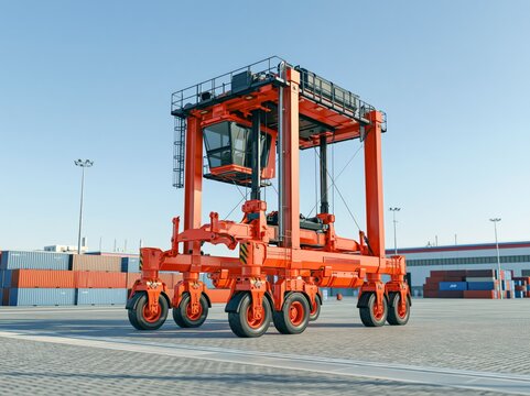 A large orange straddle carrier, a vital piece of port machinery, stands ready for its next task in a vast shipping container yard under a clear blue sky.