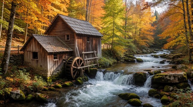 Old wooden water mill stands by rushing river in autumn forest. Colorful fall trees surround rustic building with water wheel. Scenic landscape features mossy rocks, flowing stream with white water