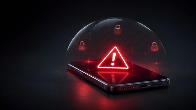 Smartphone on dark surface covered by glowing force field dome containing red warning triangle and locks
