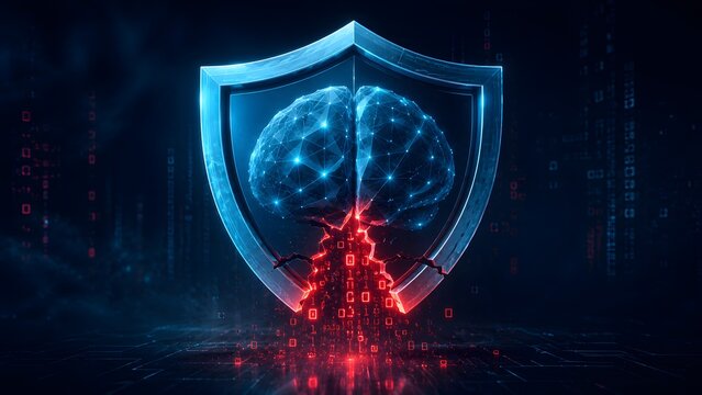 Artificial intelligence brain inside protective shield breaking down into red binary code during cyber attack