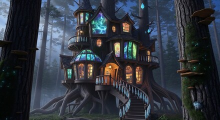 Obraz premium Treehouse featuring a whimsical multi-level wooden structure nestled securely within a dark forest canopy at night.
