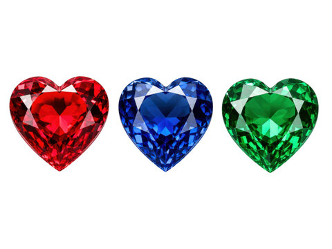 Three heart shaped gemstones in ruby red, sapphire blue, and emerald green for jewelry design.
