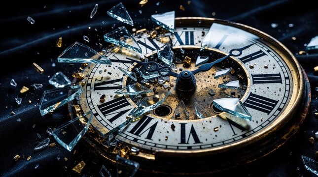 Broken clock with shattered glass exploding outwards against dark background. Roman numerals on antique timepiece visible. Represents deadline pressure, time running out, chaotic event occurring.