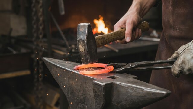 Blacksmith hammering red hot horseshoe on anvil in workshop