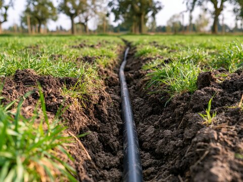 A close-up perspective shows a black irrigation pipe laid in a trench on fertile soil, bordered by vibrant green grass and trees in the background.