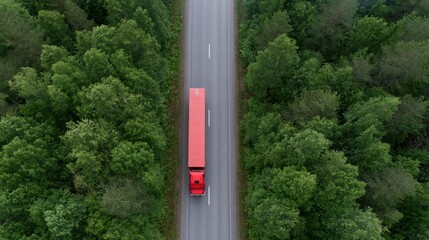 Fototapeta premium The Red Truck on a Forest Road Captured from Above