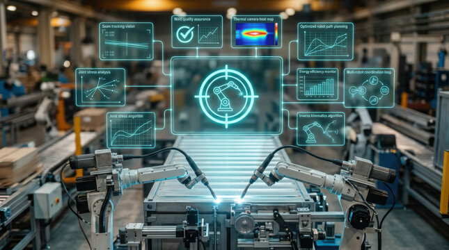 Industrial robotic precision welding system for cargo containers featuring a futuristic holographic digital twin diagnostic interface in a modern factory setting
