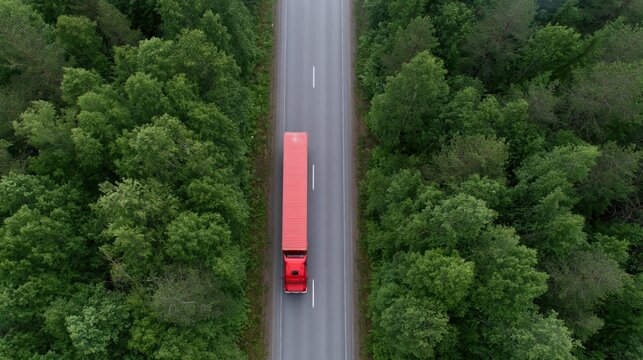 The Red Truck on a Forest Road Captured from Above