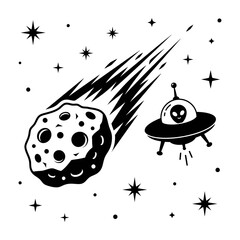 Retro space scene with flying saucer and meteorite in starry sky © Stocklix
