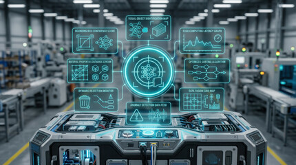 Fototapeta premium High-tech AI object classification mainframe with glowing holographic data interfaces in a futuristic automated industrial warehouse for cargo container sorting.
