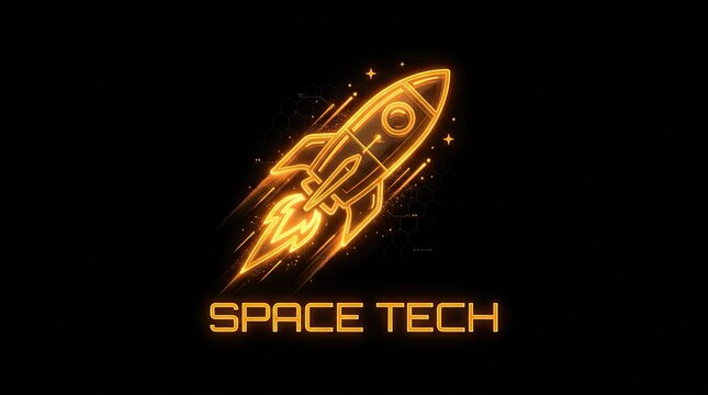 Glowing neon rocket launch icon. Futuristic spaceship logo for technology and startup business.