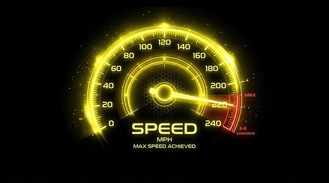 Futuristic car speedometer gauge indicating high performance and maximum speed.