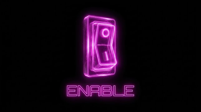 Futuristic neon enable switch icon concept on a black background.