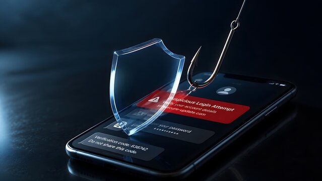 Fishing hook catching a smartphone with suspicious login attempt warning visualizing mobile phishing scam and cybersecurity threat.