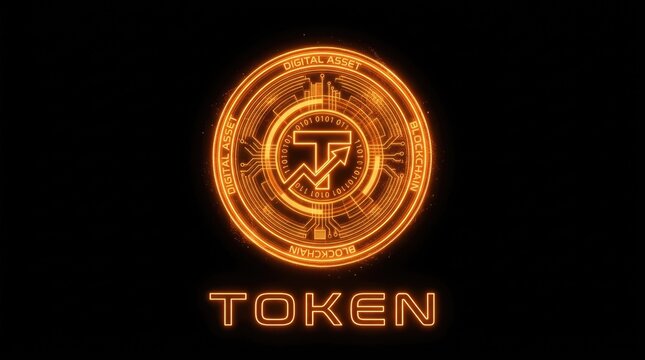 Cryptocurrency Blockchain Digital Asset Token with Neon Glow