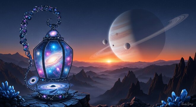 Intricate fantasy lantern housing a miniature glowing galaxy on a jagged rocky platform facing a vast cosmic sunset with multiple moons.