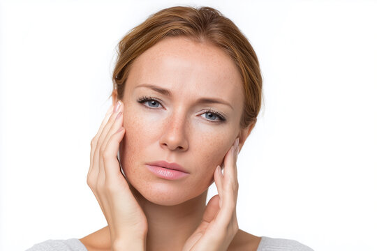 Portrait of a freckled woman touching her face for skincare