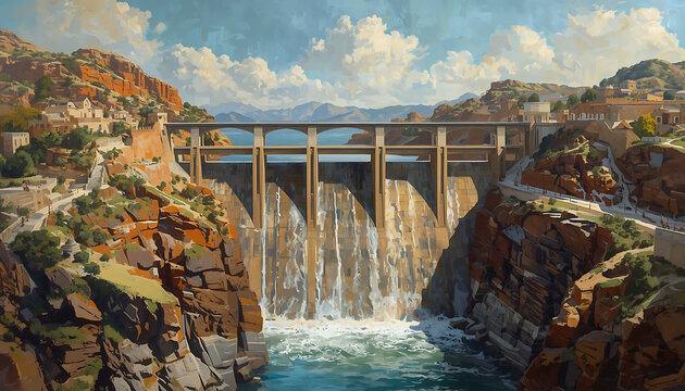 Dam spanning across rocky canyon walls holding back a large body of water while water cascades down the spillway gates into the river below under a partly cloudy sky.