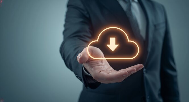 Cloud technology illustrated by a glowing cloud icon with download and upload arrows being handled by a business professional. concept as Depiction of a glowing cloud icon with download and upload arr