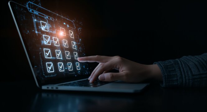 Hand interacting with online holographic checklist on laptop representing online assessment survey completion testing knowledge quizzes in empty space concept as Hand interacts with online holographic