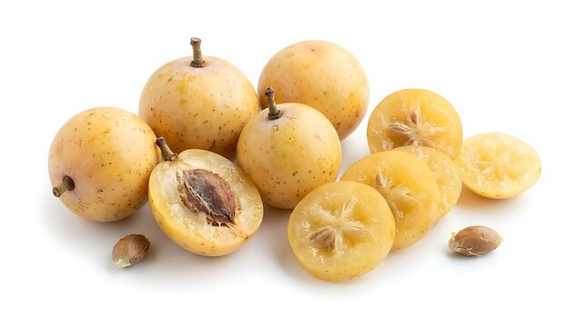 Fresh Whole and Sliced Loquat Fruit with Seeds Isolated on White Background for Culinary and Dietary Healthy Food Use