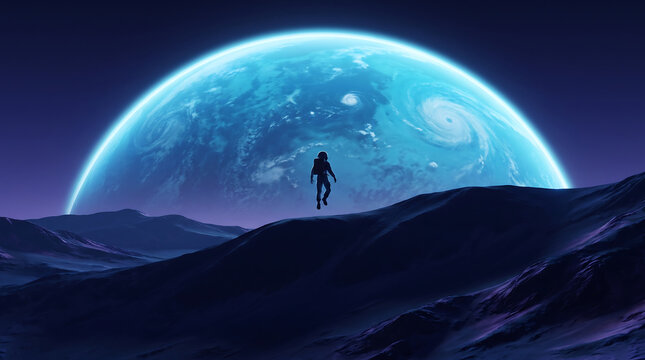 Pixel art astronaut jumping on a dark alien planet with a large blue moon behind