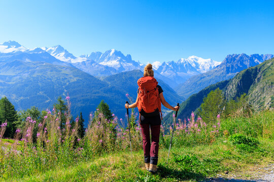 Female hiker with backpack standing among purple wildflowers looking at snowy alpine mountain range view