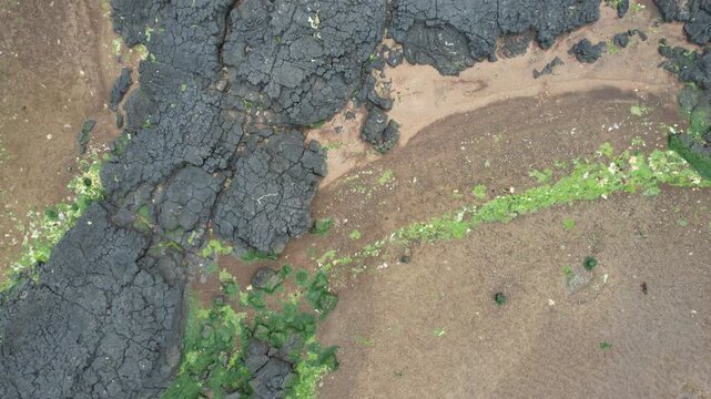 Aerial drone close-up of cracked mud and rocky texture at Jageun Hado Beach, Jeju Island