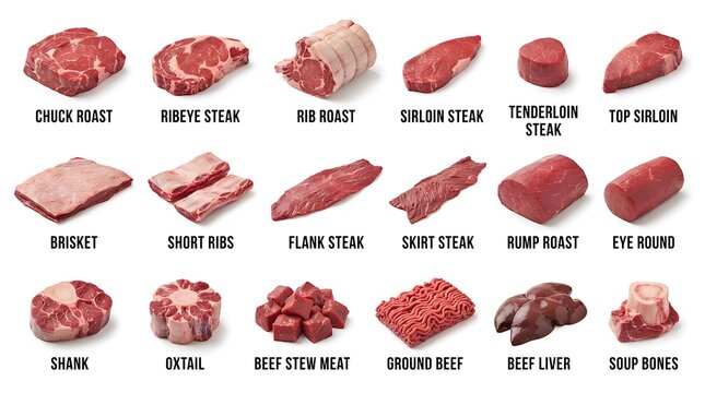 Beef Cuts Chart Infographic Displaying Various Raw Meat Steaks and Roasts Isolated on White Background for Culinary Education and Butchery Guide