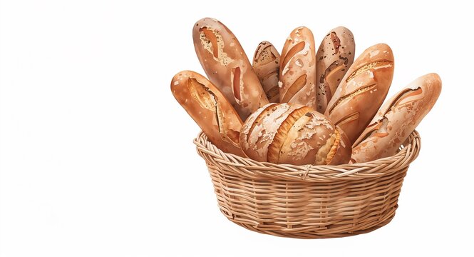 Watercolor illustration of a basket filled with assorted breads highlighting artisanal bakery products and rustic kitchen charm in artistic style concept as Watercolor illustration of a basket filled 