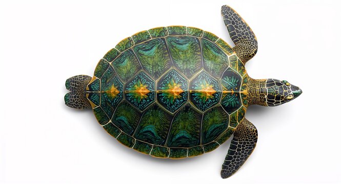Top view illustration of green sea turtle on white background featuring shell with intricate green and blue patterns and yellow orange center perfect for marine themes and educational materials concep