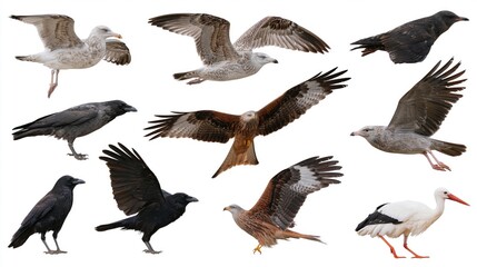 Naklejka premium The Collection of Diverse Birds in Flight Against a Clean White Background