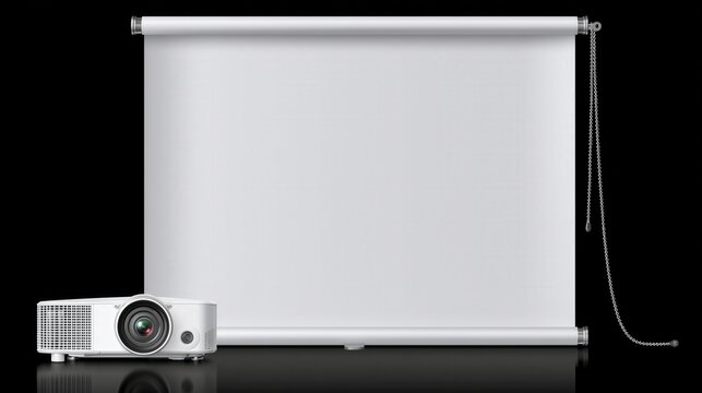 A white projector is positioned in front of a blank projection screen.