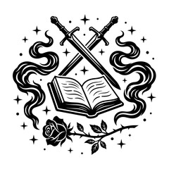 Fototapeta premium Swords crossed over open book with rose and smoke symbols