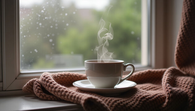 steaming cup of tea on a saucer, placed beside a knitted blanket, viewed through a rainy window with greenery outside, concept cozy atmosphere