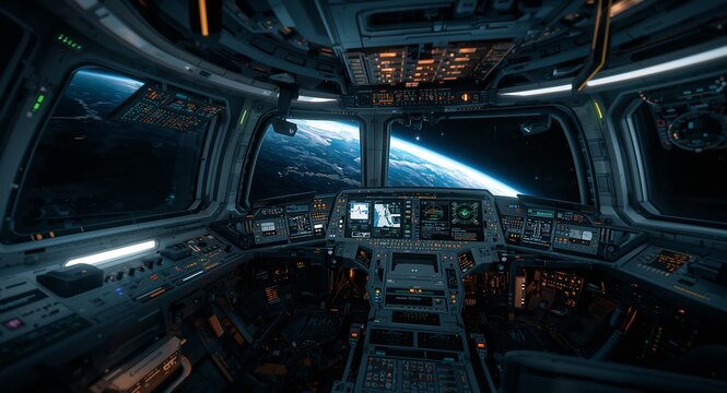 Cockpit for controlling the internal systems of the spacecraft and its propulsion systems featuring advanced technology and futuristic design elements. concept as Cockpit controlling internal spacecra