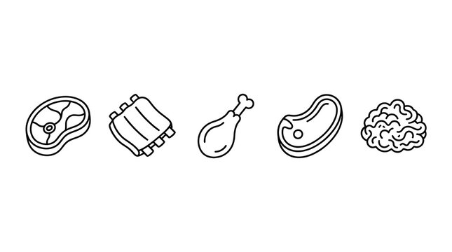 Meat and Poultry Line Icons Set Showing Steaks Ribs Chicken Leg and Ground Meat for Restaurant Menu and Food Graphic Design Projects