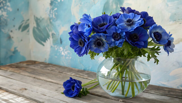 Vibrant blue anemone flowers in glass vase on rustic wooden table with soft natural light